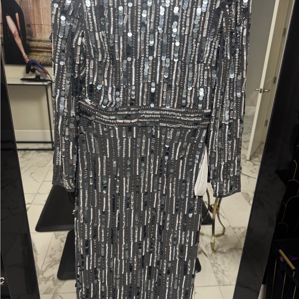 Mac Duggal Black and Silver Sequin Long Sleeve Gown #93590A , NWT, MSRP $598